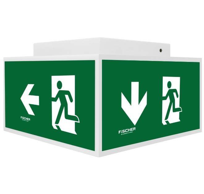 Fluchtwegeschild mit Pfeilen und Symbolen für Notausgänge auf grünem Hintergrund, das die Richtung zum nächstgelegenen Ausgang anzeigt.