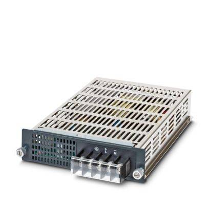 Ein rechteckiges Metallnetzteilmodul mit belüftetem Gehäusedeckel und Anschlussklemmen an einem Ende, entwickelt für elektronische Systeme.
