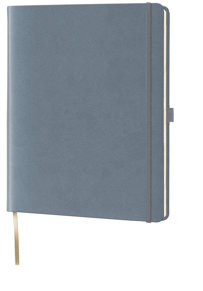 Grauer Hardcover-Notizbuch mit Gummiband und Lesezeichen aus Band auf weißem Hintergrund.