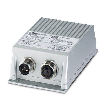 Ein rechteckiges metallisches elektronisches Gerät mit zwei kreisförmigen Anschlussanschlüssen auf der Vorderseite, das für industrielle oder technische Anwendungen verwendet wird.