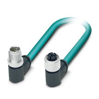 Teales Industriekabel mit kreisförmigen Stecker- und Buchsenverbindern an den gegenüberliegenden Enden, verwendet für Datenübertragung oder elektrische Verbindungen.