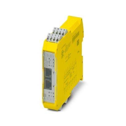 Gelbes elektronisches Sicherheitsrelaismodul mit Anschllussklemmen für Industrieautomationssysteme.