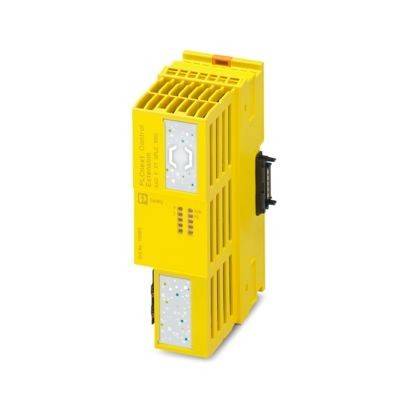 Ein gelbes Industrie-Sicherheitsrelaismodul mit mehreren Anschlüssen und Kontrollleuchten, das zur Steuerung von Maschinensicherheitsfunktionen verwendet wird.