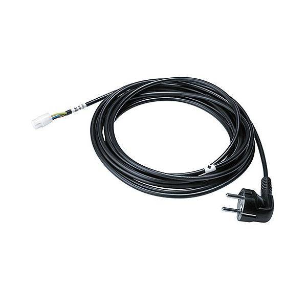 Ein aufgewickeltes schwarzes Netzkabel mit einem europäischen Zweipol-Stecker an einem Ende und einem weißen Verbinder am anderen Ende.