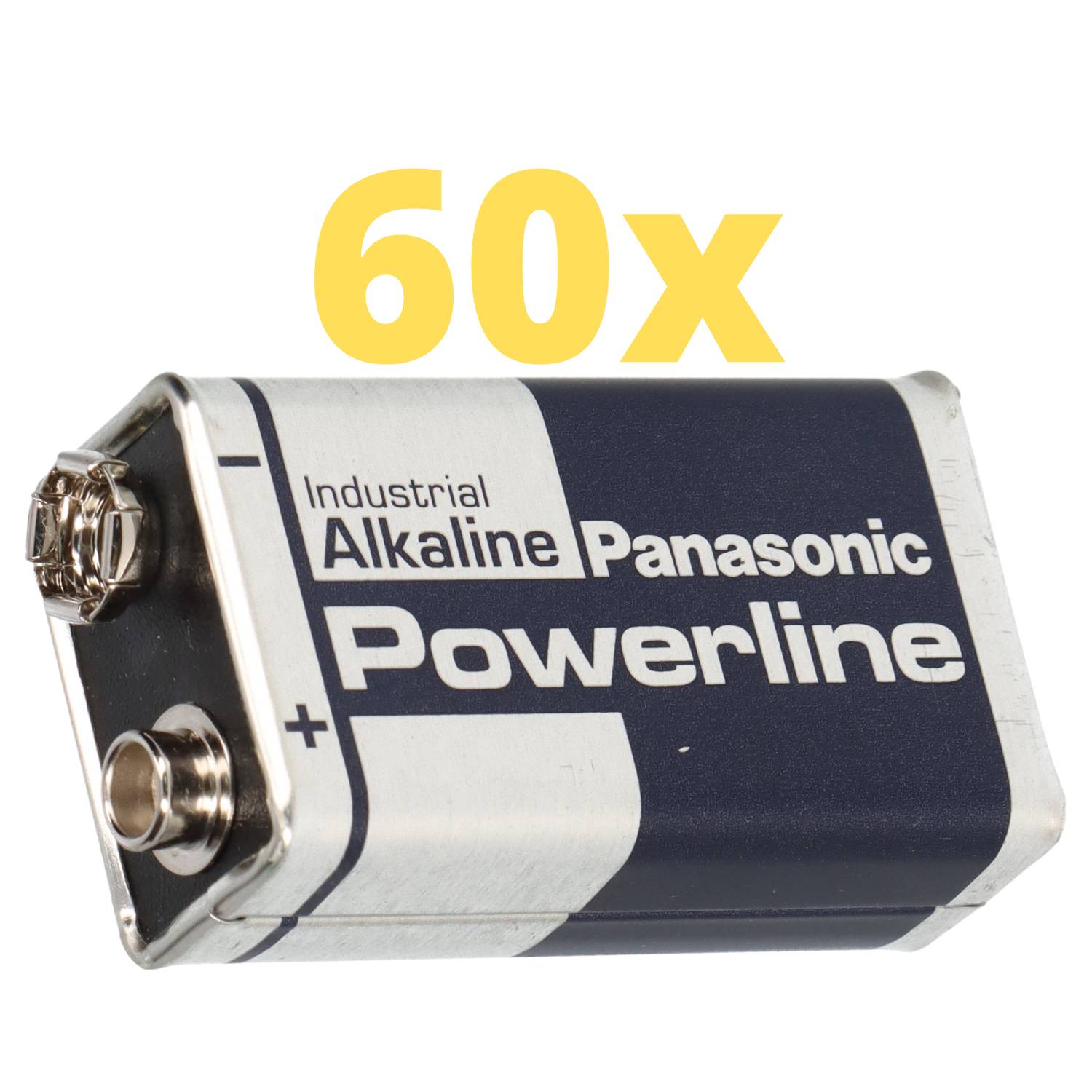 Panasonic Industrial Alkaline Powerline 9V-Batterie mit '60x' darüber auf weißem Hintergrund.