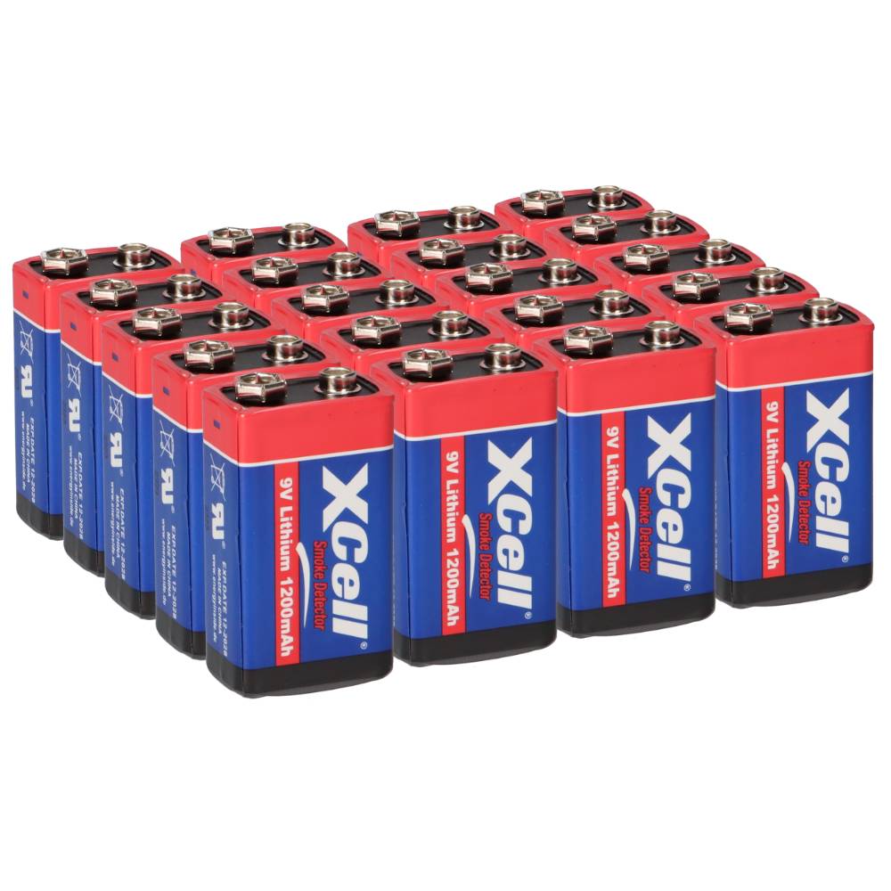 Packung mit Xcell 9V-Lithiumbatterien in Reihen angeordnet, gezeigt als Produktverpackung auf weißem Hintergrund.