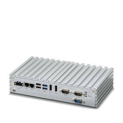 Robuster Industrie-Computer mit Metallgehäuse, ausgestattet mit verschiedenen Anschlüssen wie USB, Ethernet und VGA für Konnektivität.