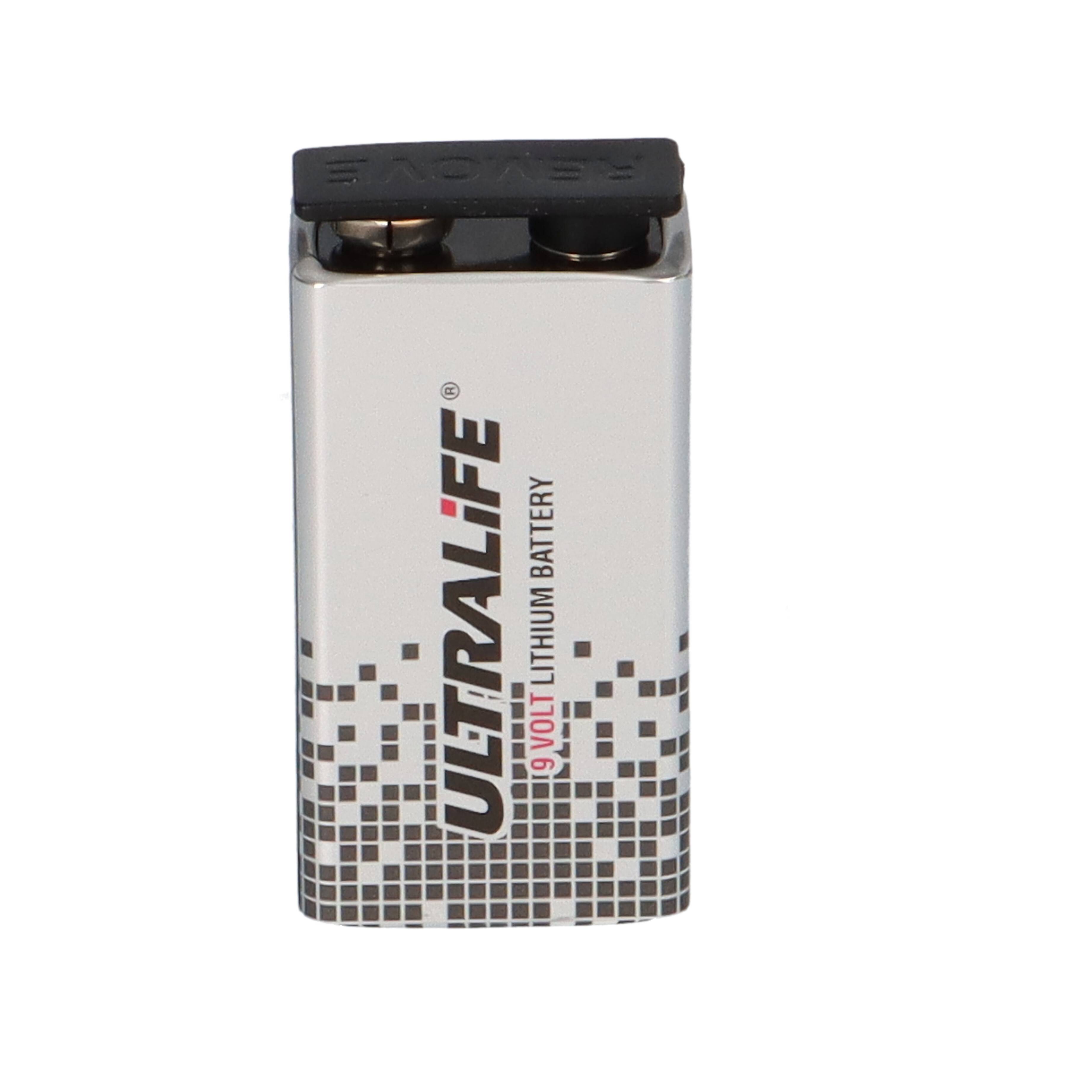 Eine aufrecht stehende 9V UltraLife Lithiumbatterie auf weißem Hintergrund.