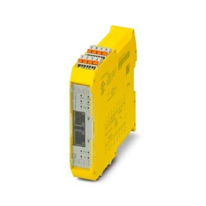 Ein gelbes industrielles elektronisches Modul mit mehreren Anschlussanschlüssen und beschrifteter Seitenklappe, das in Automatisierungssystemen verwendet wird.