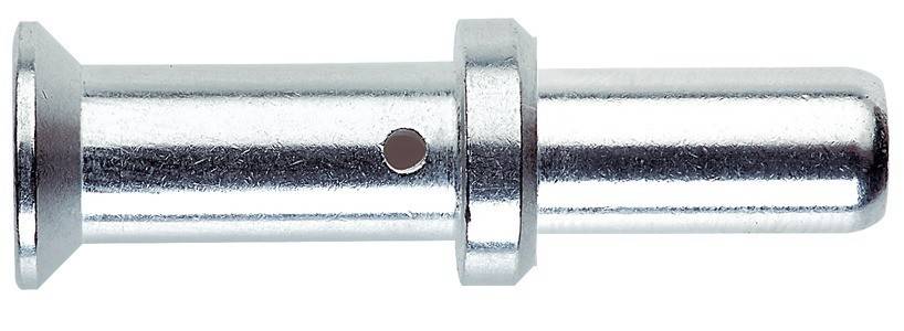 Eine Nahaufnahme eines Metallbolzens mit einem sechseckigen Flansch und einem durchbohrten Loch, möglicherweise für Befestigungs- oder Befestigungsanwendungen.