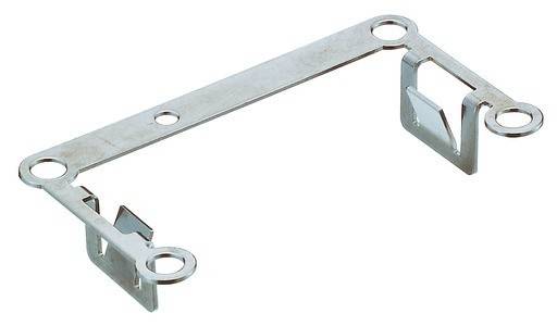 Metallhalterung mit zwei kreisrunden Löchern und einem rechteckigen Balken, wahrscheinlich für Montage- oder Verbindungskomponenten verwendet.