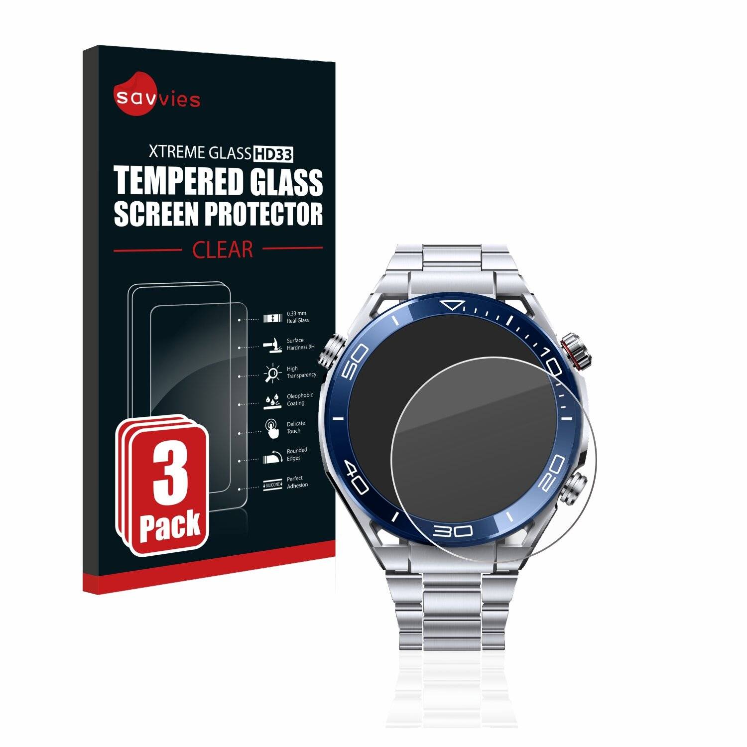 3x Savvies HD33 Clear Schutzglas für Huawei Watch Ultimate (48,5