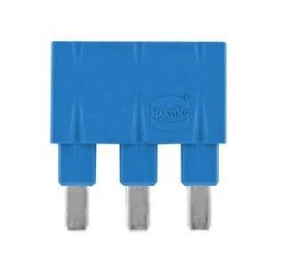 Eine blaue elektronische Komponente mit drei Metallstiften, mit der Marke 'HARTING' versehen, die für elektronische oder elektrische Verbindungen verwendet wird.