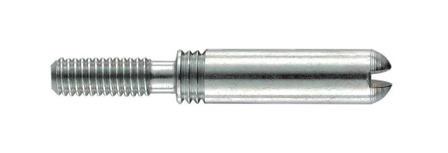 Nahaufnahme einer metallischen Schraube, die detaillierte Gewindegänge an einem Ende und einen glatten zylindrischen Körper zeigt, was darauf hindeutet, dass sie möglicherweise zum Befestigen von Materialien verwendet wird.