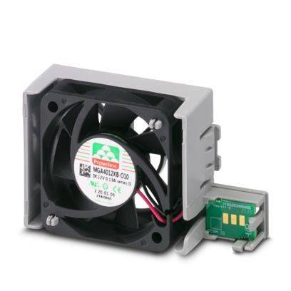 Ein kompakter Kühlventilator mit grauem Rahmen und vier schwarzen Blättern, ausgestattet mit einem Stecker an der Seite für Stromversorgung und Datenverbindungen.