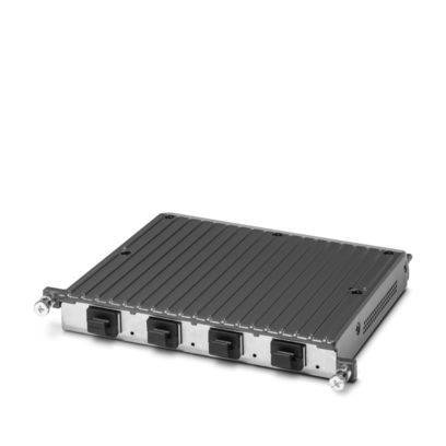 Ein rechteckiges elektronisches Gerät mit vier Anschlüssen auf einer Seite, das für Netzwerk- oder Kommunikationszwecke verwendet wird.