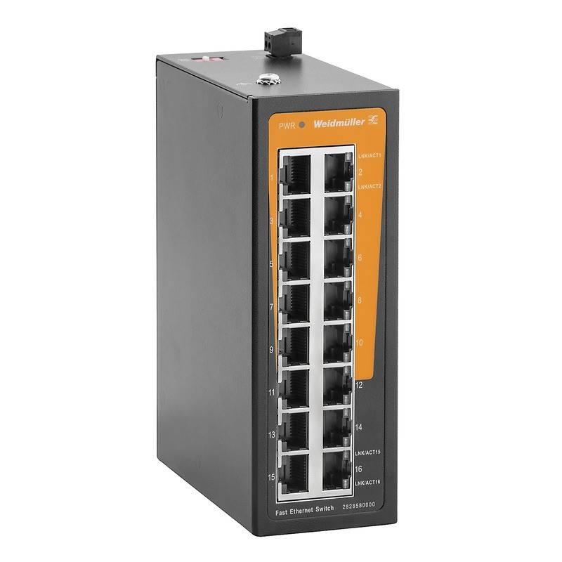 Industrieller Ethernet-Switch mit sechzehn Netzwerkports und Weidmüller-Markierung. Entwickelt für effiziente Datenkommunikation in Netzwerkumgebungen.