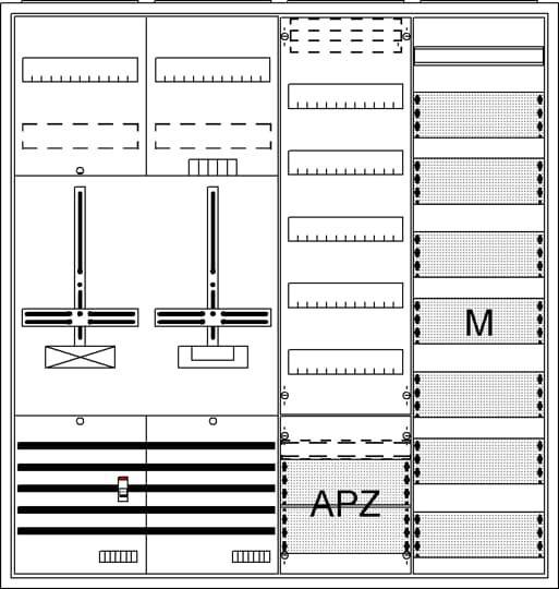 Technische Zeichnung einer elektrischen Schaltanlage mit Bezeichnungen der Bereiche APZ und M, die mehrere Sicherungsautomaten und Schalter enthält.