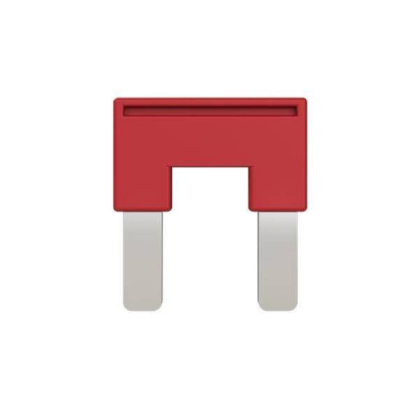 Eine rote Automobilblechsicherung mit zwei Metallkontakten, üblicherweise zur Stromkreisschutz in Fahrzeugen und elektronischen Geräten verwendet.