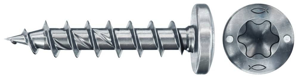 Ein Nahaufnahmebild einer glänzenden Metallschraube mit einem scharfen, gewindeten Design vor einem einfarbigen weißen Hintergrund.