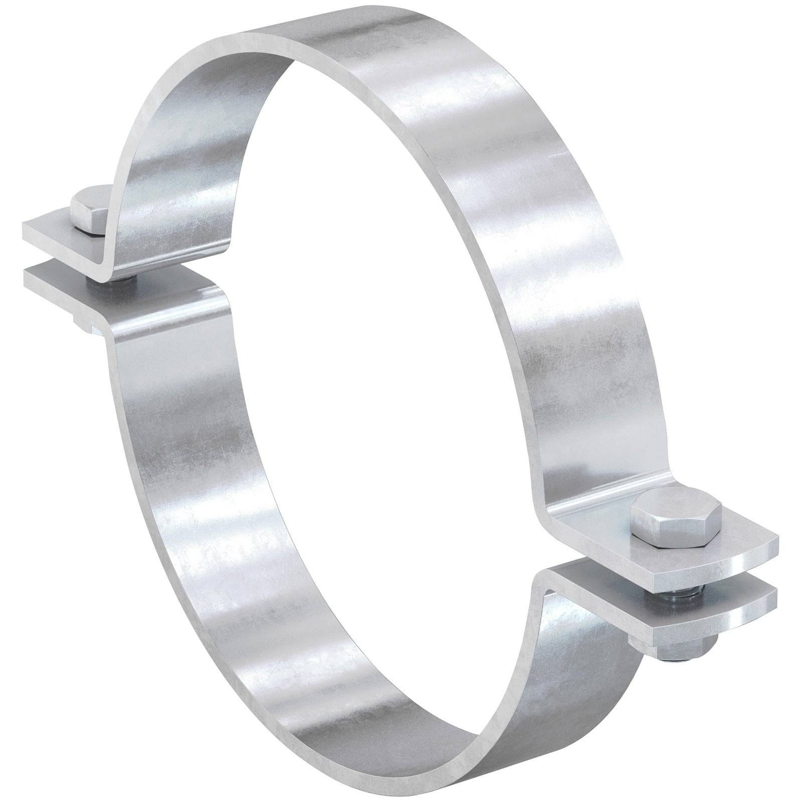 Eine silberne Metallrohrklemme mit runder Form und Befestigungsbolzen. Sie ist dazu konzipiert, Rohre an einer Oberfläche zu befestigen.