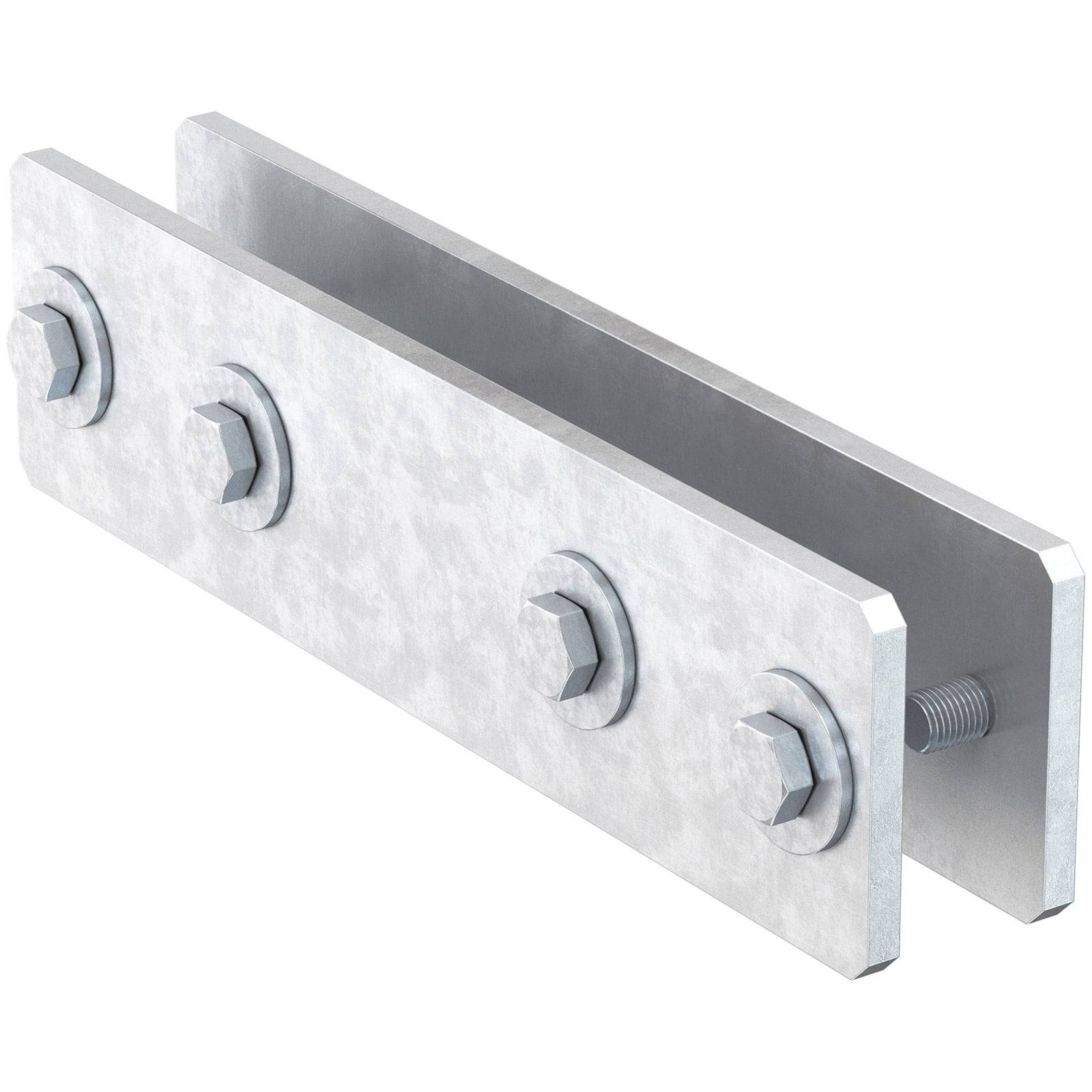 Ein Metallhalter mit sechs Schrauben, angeordnet in zwei parallelen Platten, wahrscheinlich verwendet für statische Unterstützung oder zum Verbinden von Komponenten.