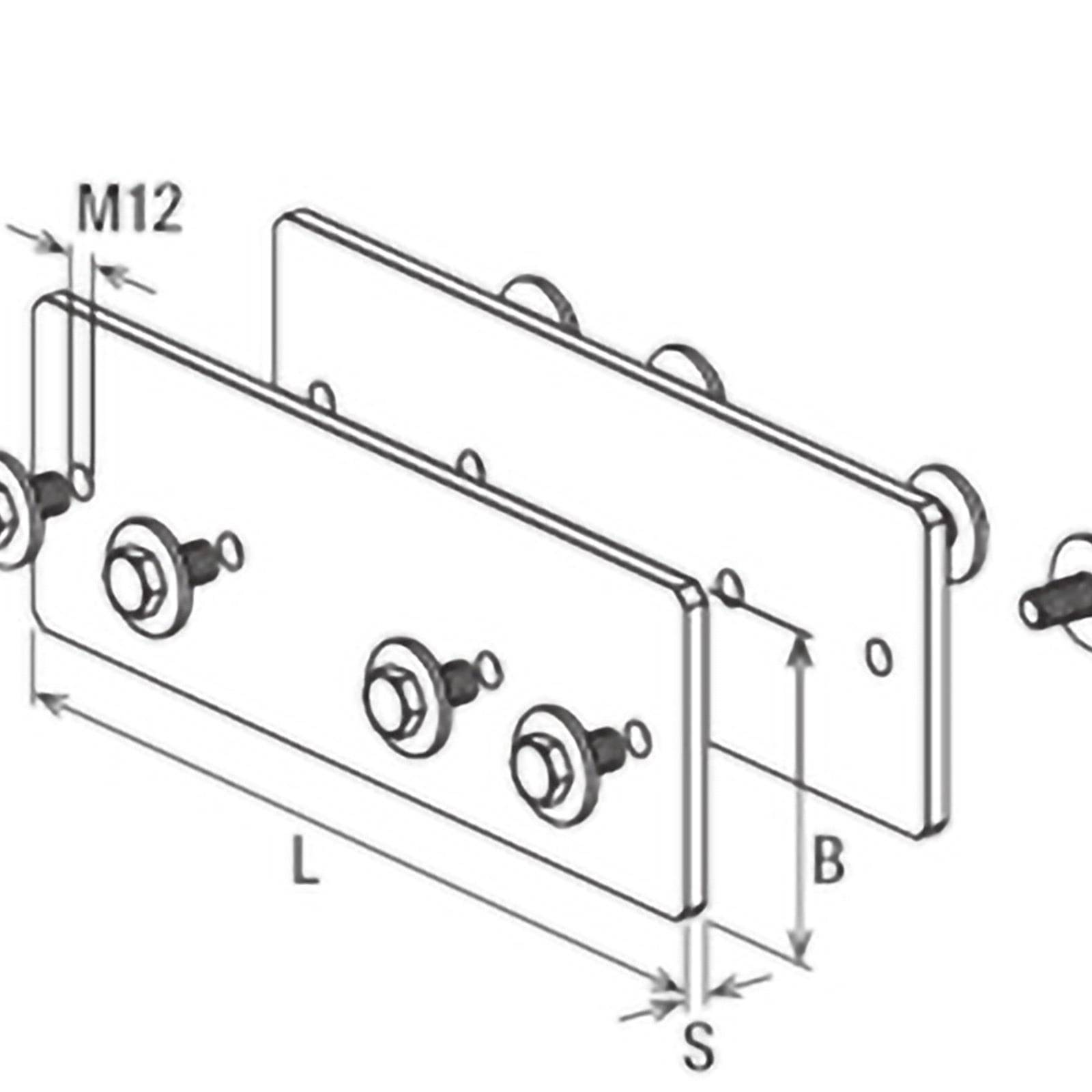 Diagramm einer Metallklammer-Baugruppe mit beschrifteten Abmessungen: M12 (Schraubengröße), L (Länge), B (Breite), S (Abstand). Seiten- und Draufsicht dargestellt.