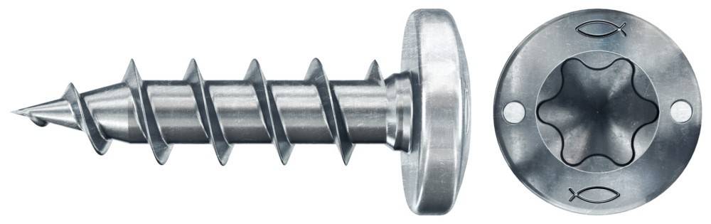 Eine Metallschraube mit einem flachen, abgerundeten Kopf und scharfen Gewinden, die zum Zusammenfügen von Materialien entwickelt wurde.