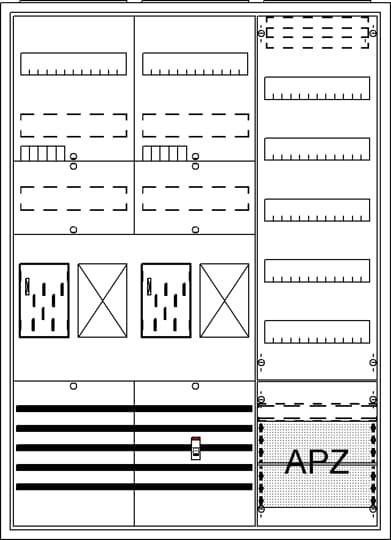 Ein technisches Diagramm zeigt eine detaillierte Anordnung von elektrischen Schaltschränken mit Schaltern, Steckdosen und beschrifteten Fächern.