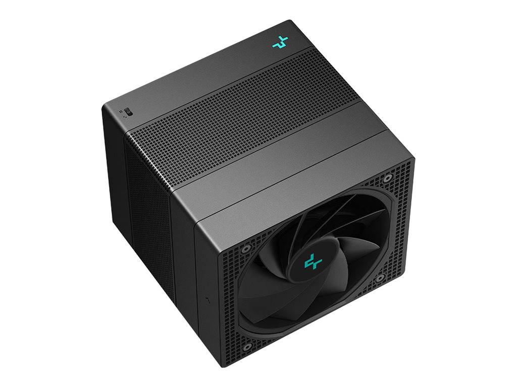 Ein schwarzes Computergehäuse mit minimalem Design, ausgestattet mit einem großen vorderen Lüfter und einem dezenten blauen Logo.