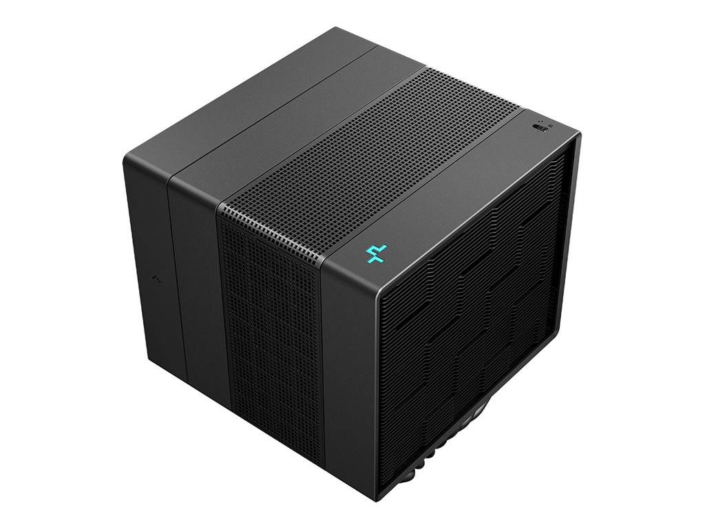Ein schwarzes modulares PC-Gehäuse mit belüfteten Paneelen und einem blauen Logo auf der Vorderseite, konzipiert für kompakte und effiziente Computeraufbauten.