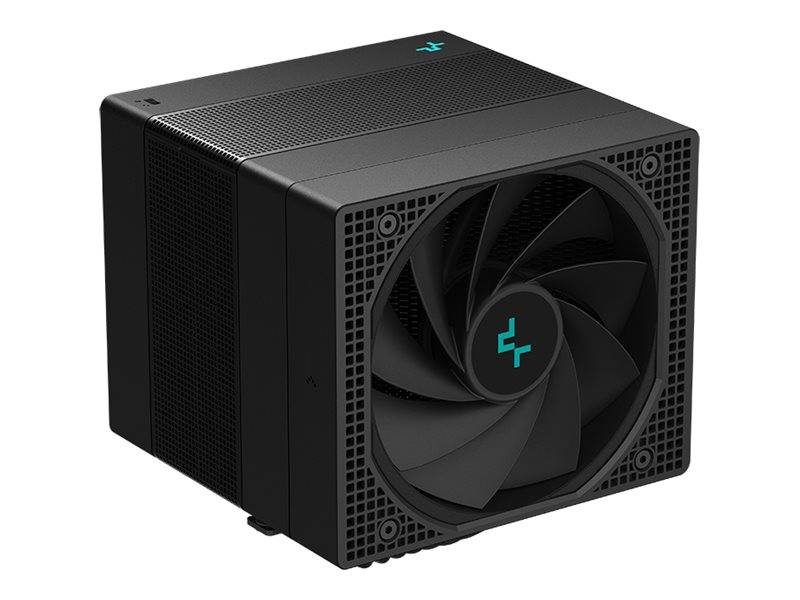 Ein schwarzer Computer-Kühlventilator mit Gitterdesign, der oben ein türkisfarbenes Logo trägt. Entwickelt für effektive Wärmeableitung in elektronischen Geräten.