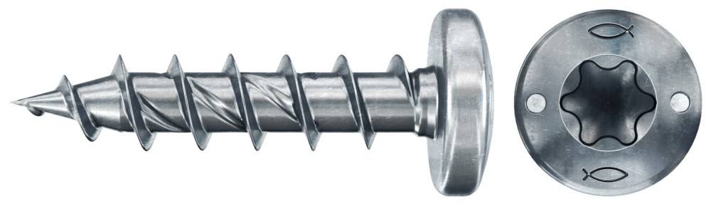 Ein Nahaufnahmebild einer Metallschraube mit scharfen Gewinden und einem flachen, runden Kopf, entwickelt für das Befestigen von Materialien beim Bauen oder bei Do-it-yourself-Projekten.