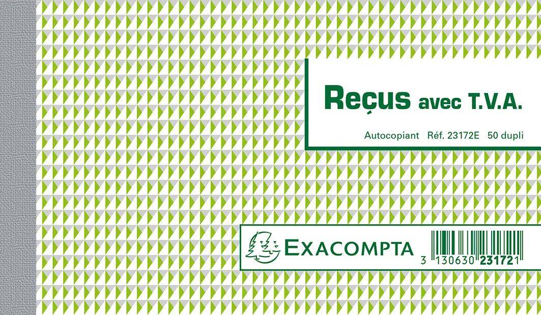 Umschlag des Notizbuchs 'Exacompta' mit grünem und weißem geometrischem Muster. Der Text lautet 'Recus Autocopiants'.