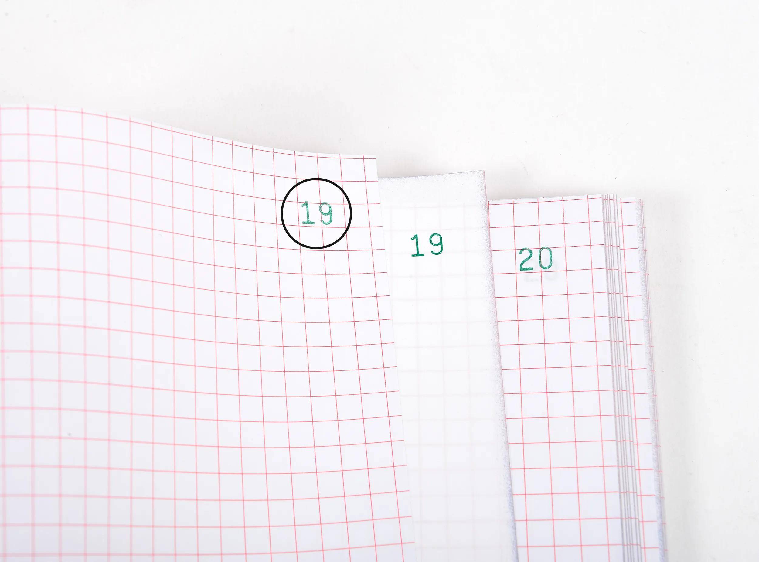 Nahaufnahme eines Millimeterpapier-Notizbuchs mit nummerierten Seiten 18, 19 und 20 in verschiedenen Tintenfarben, mit roten Gitterlinien.