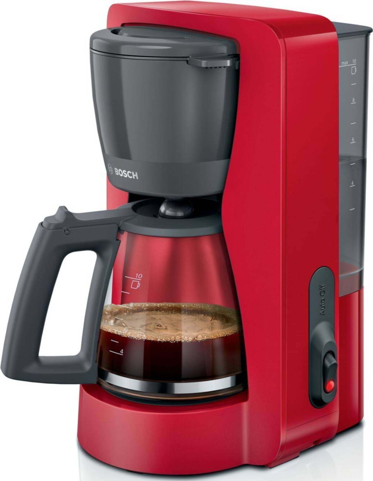 Rote Bosch-Tropfkaffeemaschine, die Kaffee in eine Glaskanne brüht, mit sichtbarem Wassertank auf der rechten Seite.