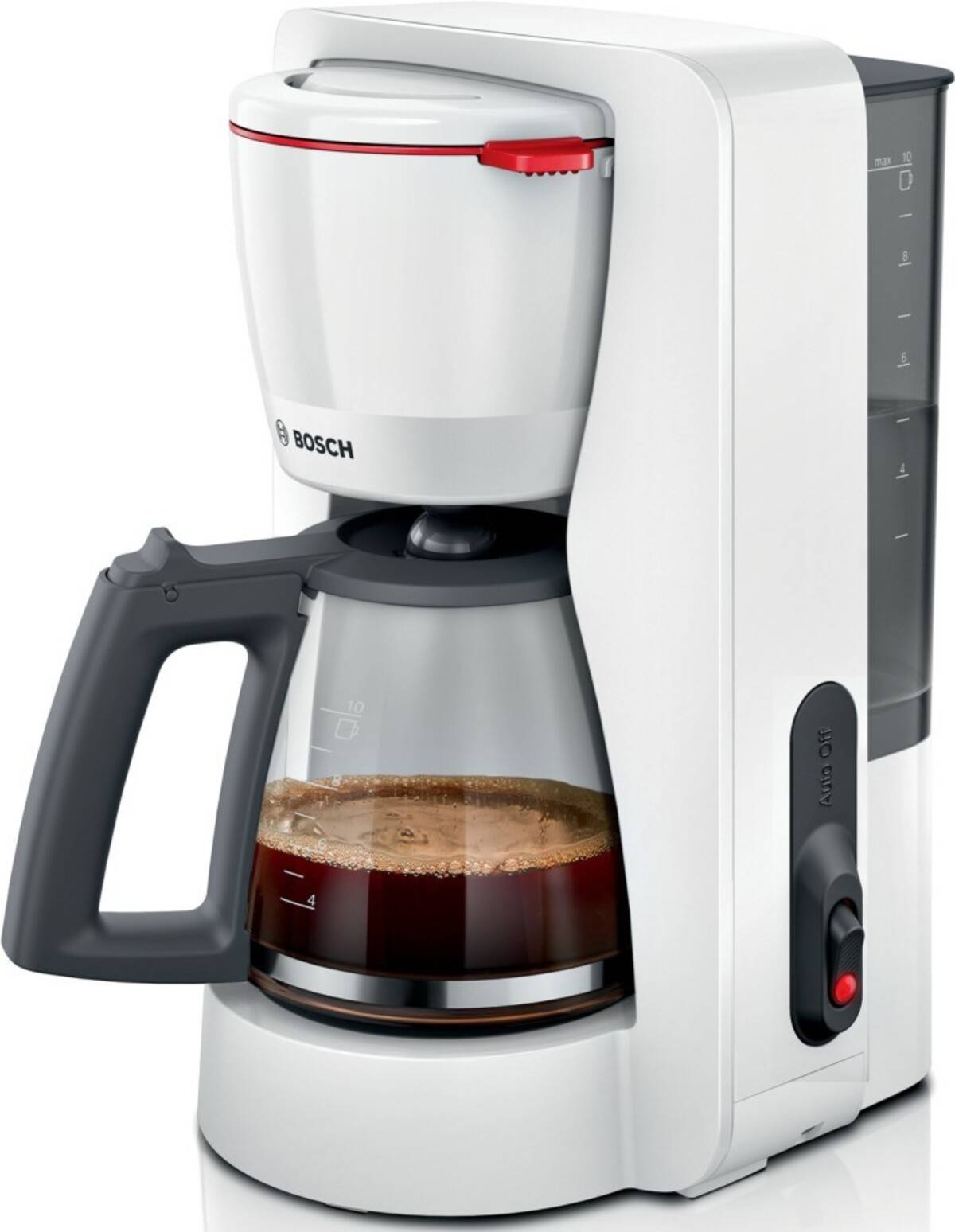 Ein Bosch-Tropfkaffeeautomat, der Kaffee in eine Glaskanne mit schwarzem Griff braut, auf weißem Hintergrund dargestellt.