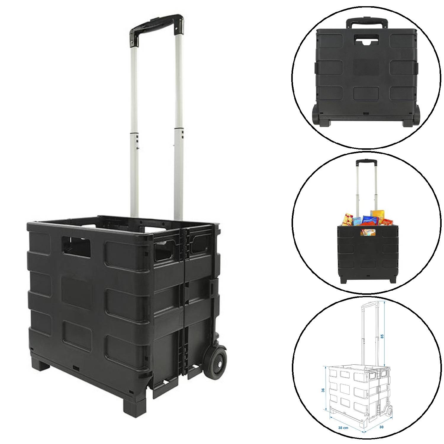 Zusammenklappbarer fahrbarer Wagen mit ausziehbarem Griff, dargestellt in drei Stufen: zusammengeklappt, teilweise offen mit Lebensmitteln und vollständig offen mit Abmessungen.