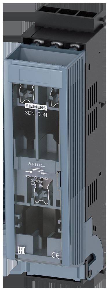 Eine Nahaufnahme eines Siemens Sentron Leistungsschalters, beschriftet mit ‚500V 125-250A 50/60Hz Max 9W', die die internen Mechanismen zeigt.