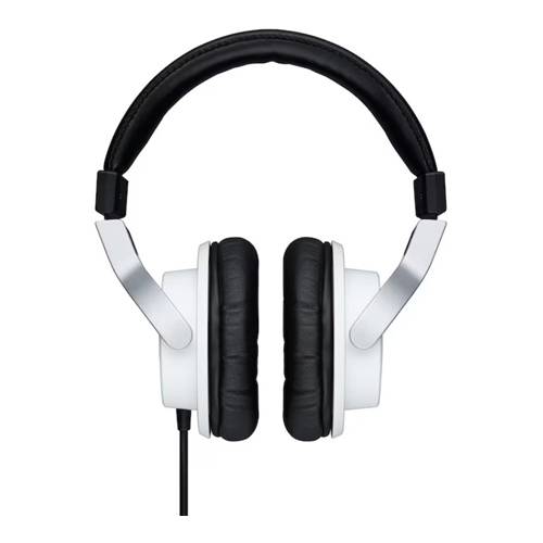 Ein Paar Over-Ear-Kopfhörer mit schwarzen Ohrpolstern und einem weißen Kopfbügel, die durch ein schwarzes Kabel miteinander verbunden sind.
