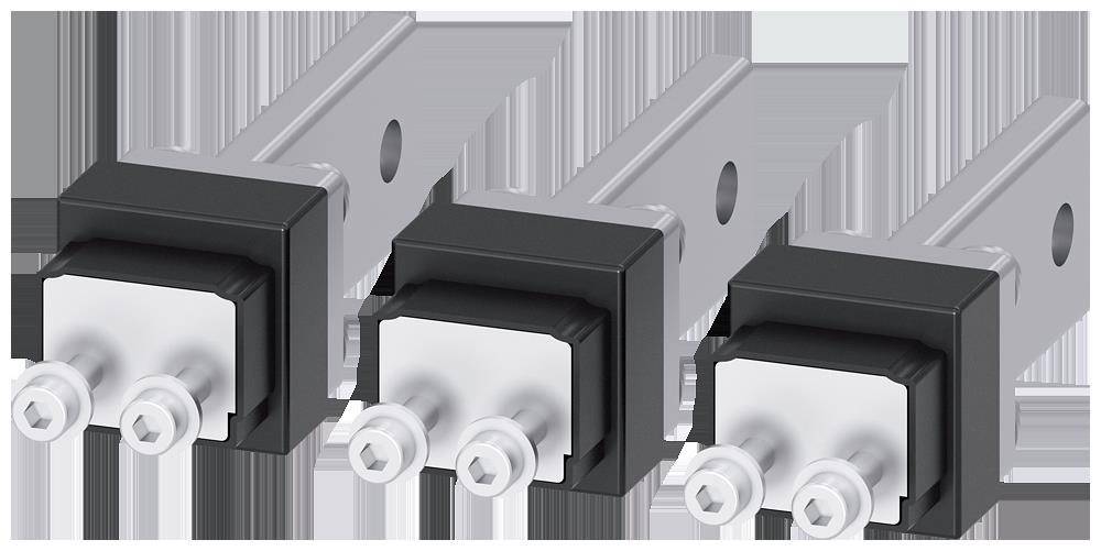 Drei silberne und schwarze Metallverbinder mit Montagelöchern und Schrauben.