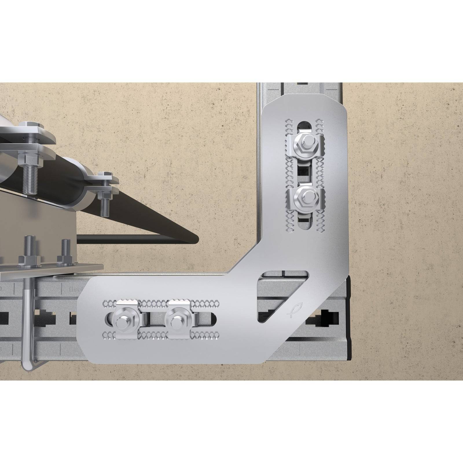 Eine metallische L-förmige Halterung mit mehreren Schrauben ist sicher an einer Betonwand befestigt, die eine Eckverbindungsanordnung zur strukturellen Unterstützung zeigt.