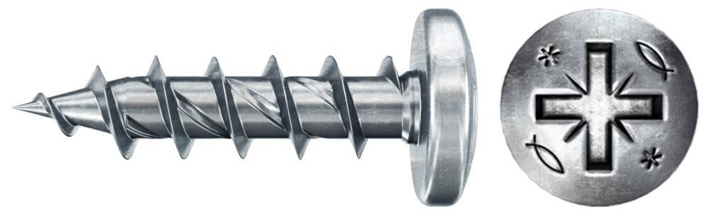 Ein Nahaufnahmebild einer metallischen Schraube mit einem flachen, abgerundeten Kopf und scharfen Gewinden.