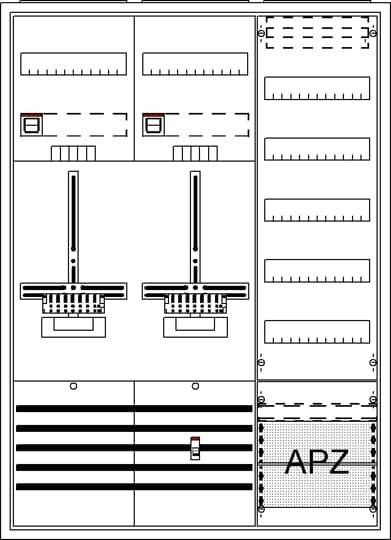 Eine detaillierte technische Zeichnung eines Schaltanlagenlayouts mit Schaltern, Leistungsschaltern und gekennzeichneten Abschnitten für elektrische Komponenten.