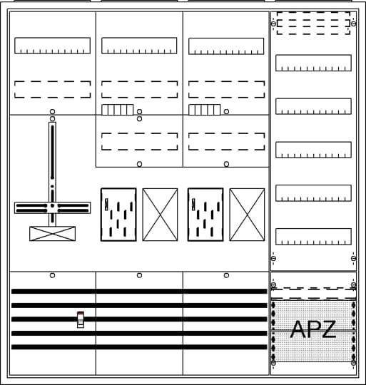 Architektonischer Grundriss mit detaillierter Anordnung von Räumen und Fluren; Merkmale beinhalten Treppen, Elektroverteilerkästen und einen Bereich, der als 
