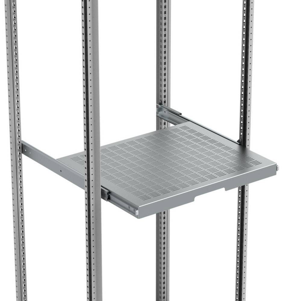 Ein Servergestell aus Metall mit vertikalen Stützen, ausgestattet mit einem verstellbaren Drahtgitterregal, geeignet für die Organisation von elektronischen Geräten in Serverräumen.