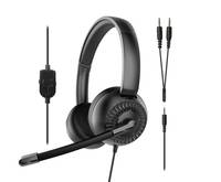 Schwarzes Over-Ear-Kopfhörer-Headset mit Kabelmikrofon und Inline-Steuerung, gezeigt mit abnehmbaren Audiokabeln auf weißem Hintergrund