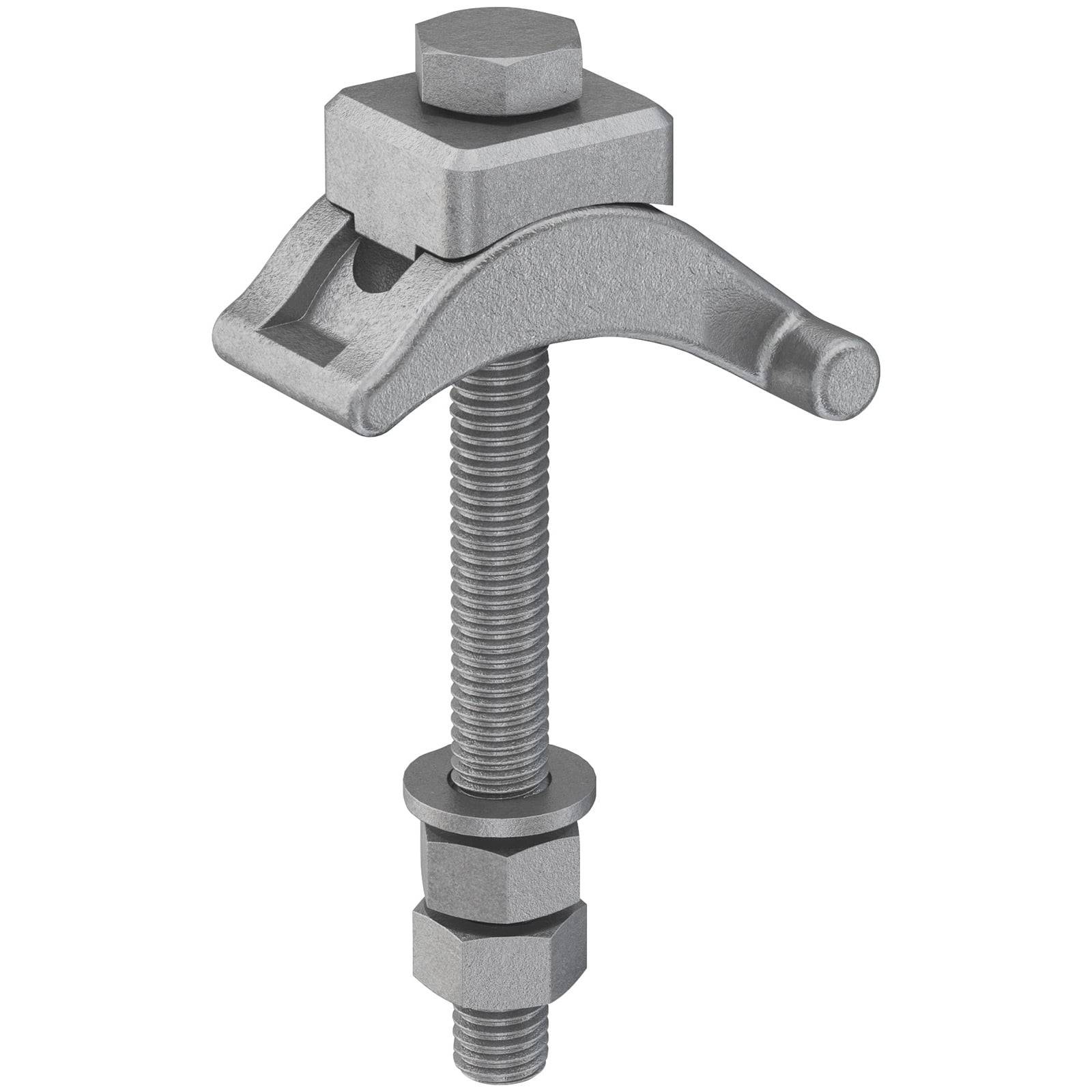 Eine mechanische Klemme mit einem Gewindebolzen, Mutter und gekrümmten Arm, entwickelt für sichere Befestigung in industriellen Umgebungen.