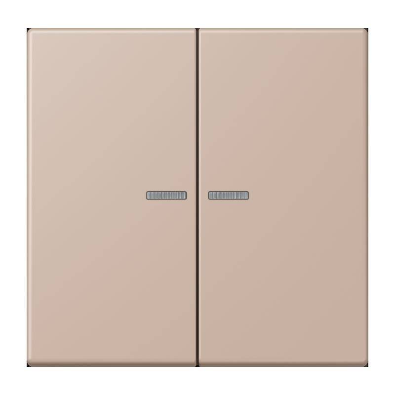 Ein beige Doppel-Lichtschalter mit minimalistischem Design und kleinen, horizontalen Tasten für jeden Schalter.