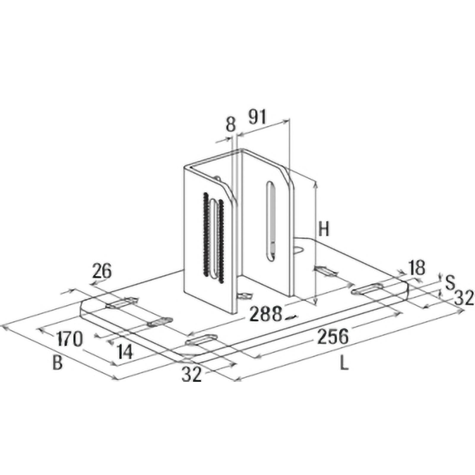 Technische Zeichnung einer Metallhalterung mit Dimensionen: 288 mm Höhe, 91 mm Tiefe und 256 mm Basisbreite. Detaillierte Maßangaben dargestellt.